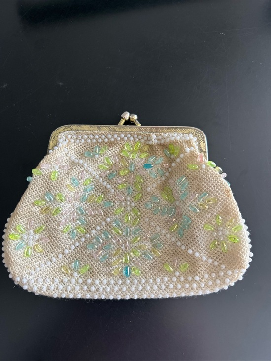 Handbags - Vintage Beaded Cream Evening Clutch with Pastel Accents